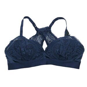 Aerie Lace Wireless Bra Real Power Push Up Paisley Navy Blue 36D